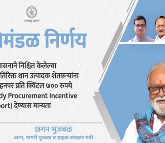 धान उत्पादक शेतकऱ्यांना प्रति क्विंटल सातशे रुपये देण्यास मंत्रिमंडळची मंजूरी