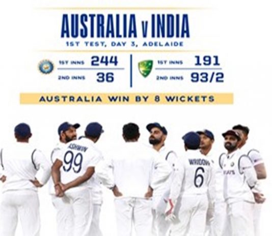 अॅडलेड इथं झालेल्या पहिल्या कसोटी क्रिकेट सामन्यात ऑस्ट्रेलियानं भारताचा ८ गडी राखून केला पराभव